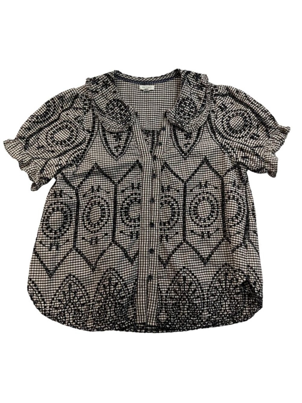 Pilcro Anthropologie Keira Collared Button Front Blouse Embroidered Gingham Sz L
